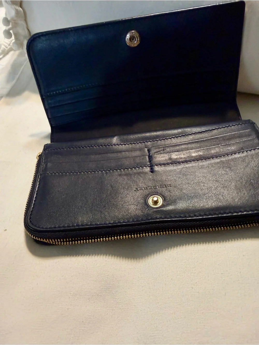 Burberry Navy Blue Leather Zip-Around Wallet with Gold Logo